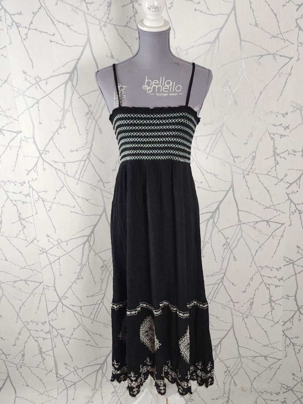Room 34 Black White Embroidered Strappy Smocked Long Dress
